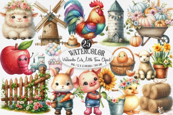 Download Watercolor Cute Little Farm Clipart - Little farm Collection